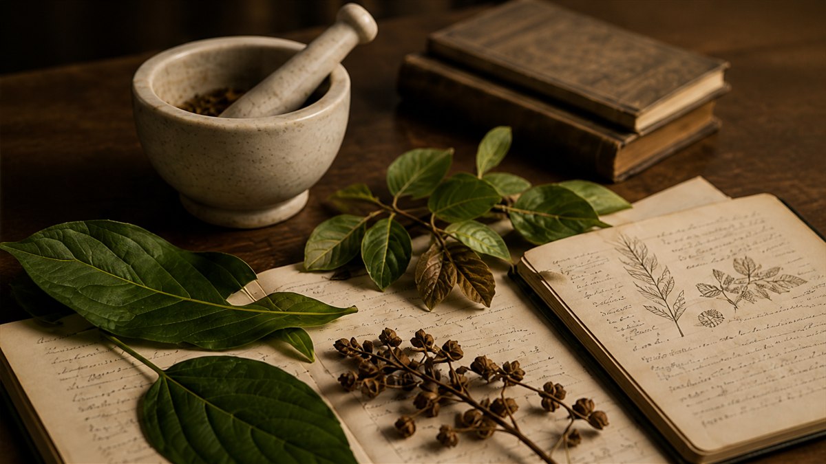 Medicinal leaves, mortar and botanical field notes