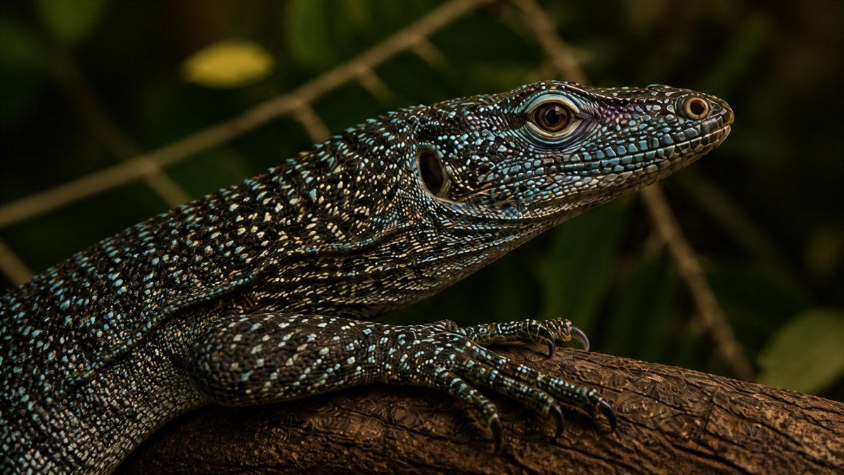 Blue-spotted tree monitor in close profile on a branch