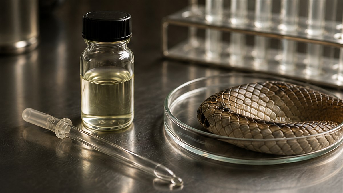 Snake venom vial, pipette and snake-scale study in a laboratory